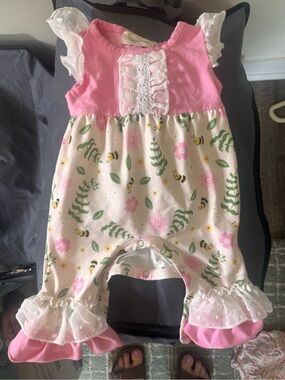 Marie Nicole Pink Floral & Bee Ruffle Baby Romper